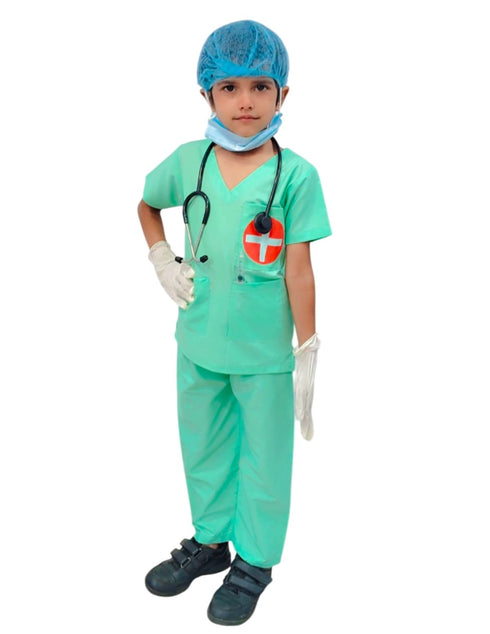 BookMyCostume Doctor Surgeon Professional Costume with Stethoscope – Complete Medical Uniform Set with Surgical Mask, Cap, Syringe & Gloves for Kids | Perfect for Role Play & Fancy Dress
